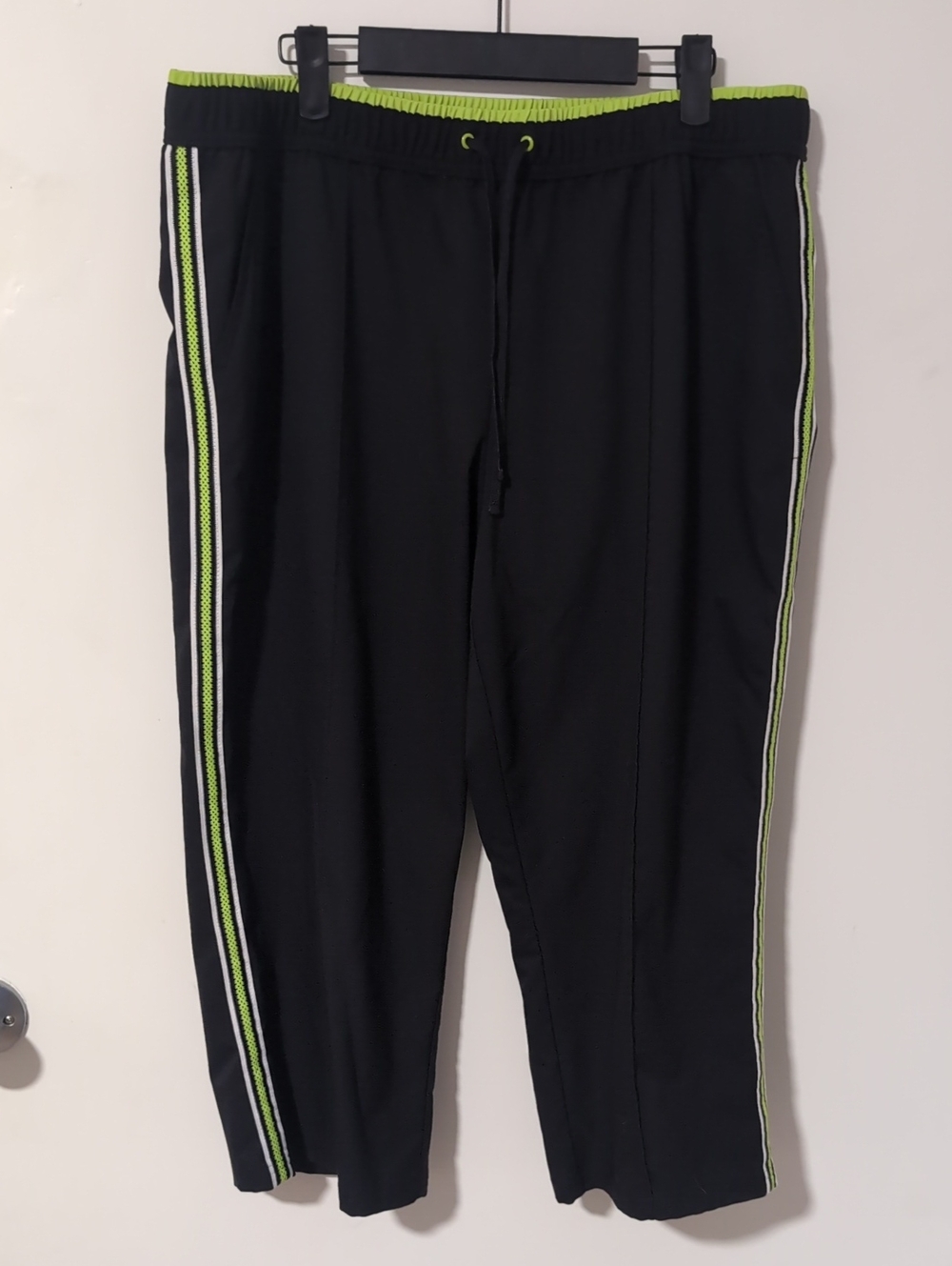 Womens Black Jogger Capri Pants with Neon Green Stripe